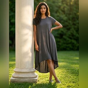 NEW LuLaRoe Carly Dress S (6/8) Solid Gray Slub Jersey Knit Midi Pocket Hi-Low